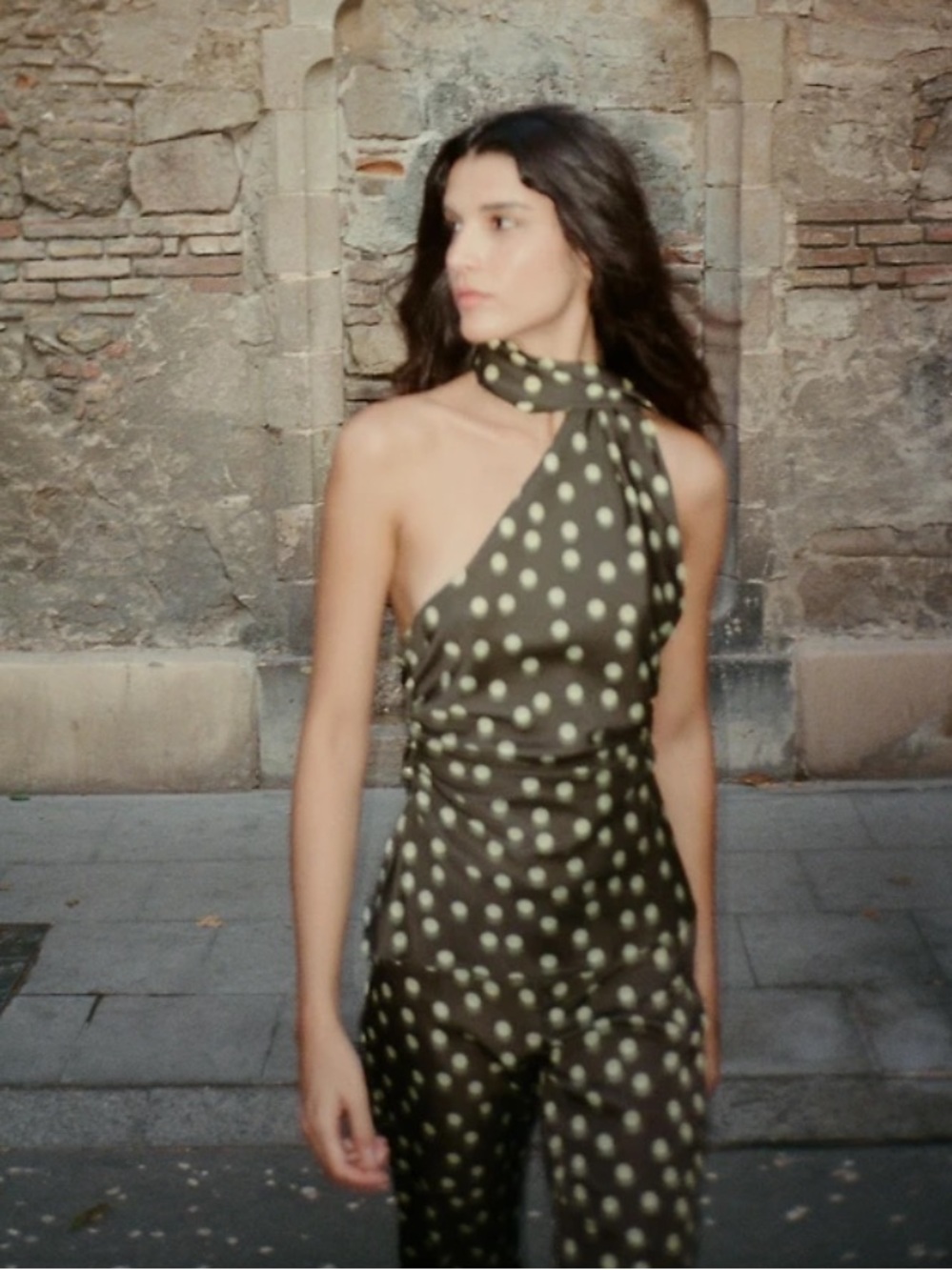Zara Olive Green Polka Dot Halter Jumpsuit